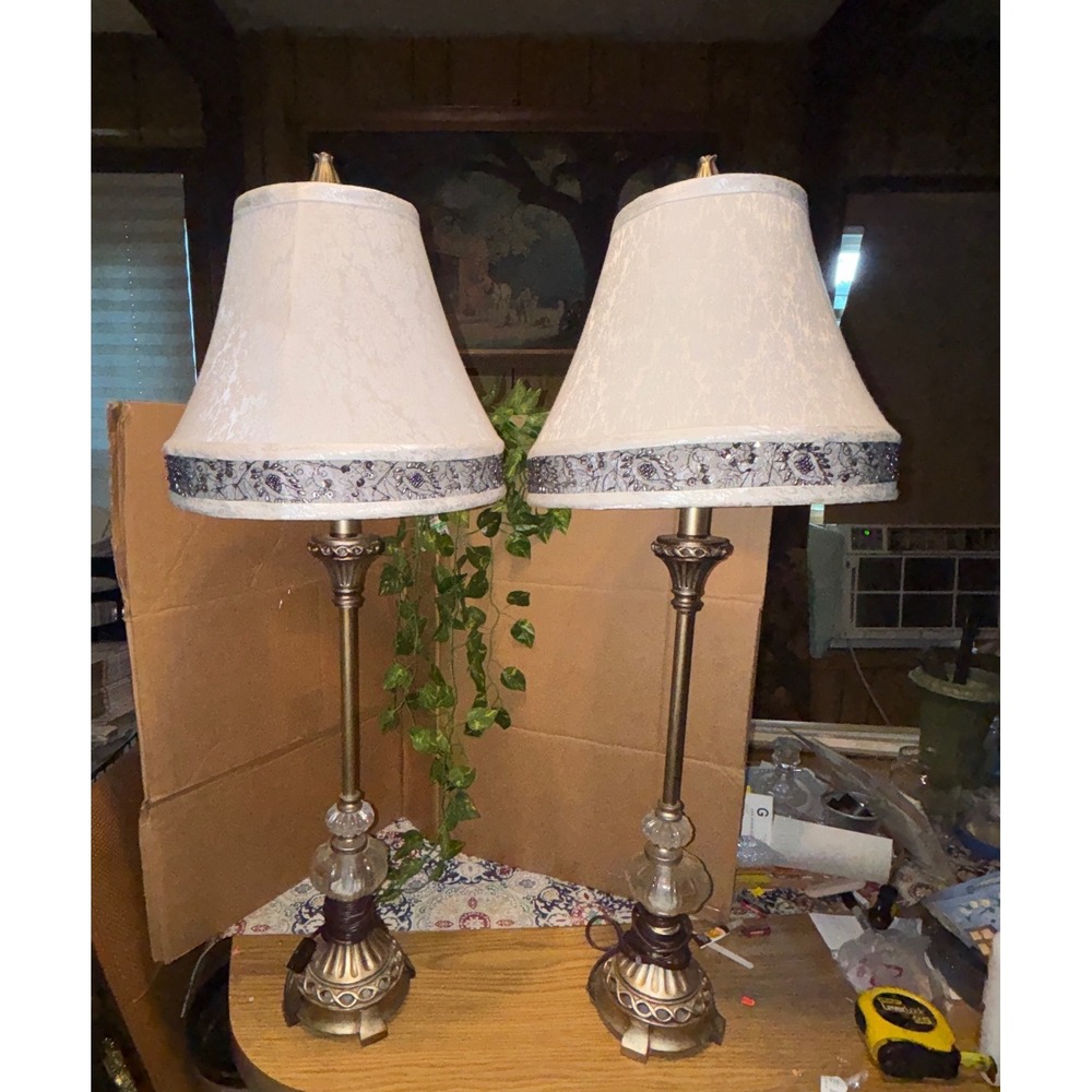 Vintage Style Gold Table Lamps Pair with Glass Orbs and Lace Beaded Trim Shades